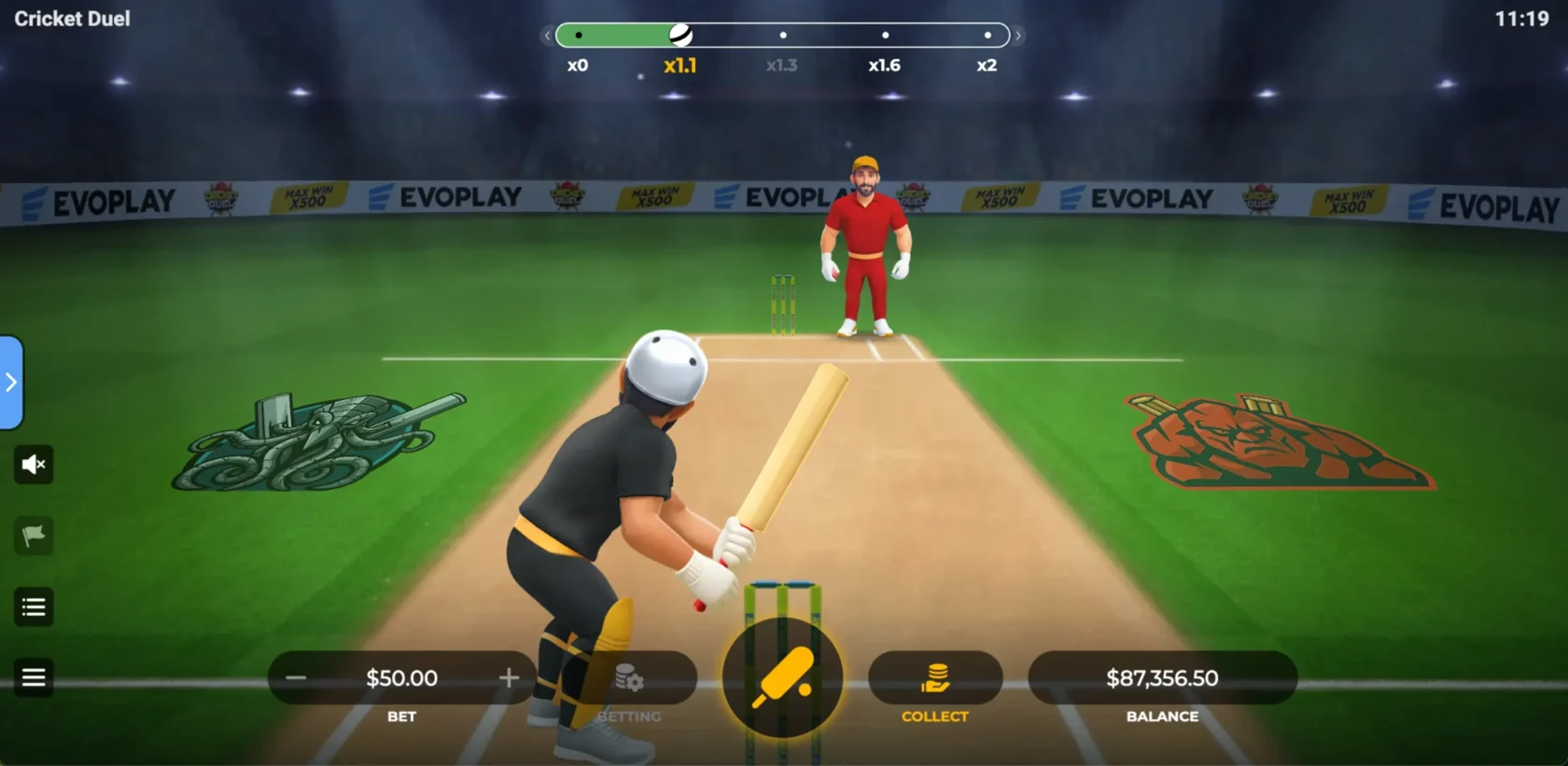 Cricket Duel game interface showing the pitch and multiplier trail